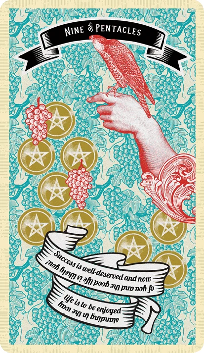 Nine of Pentacles card from Madam Clara Sees All Tarot by Rick Pomer