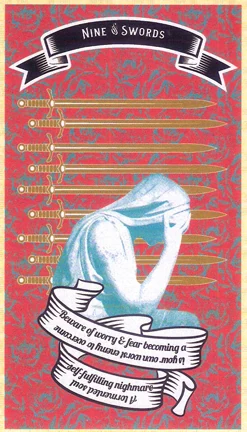 Nine of Swords card from Madam Clara Sees All Tarot by Rick Pomer