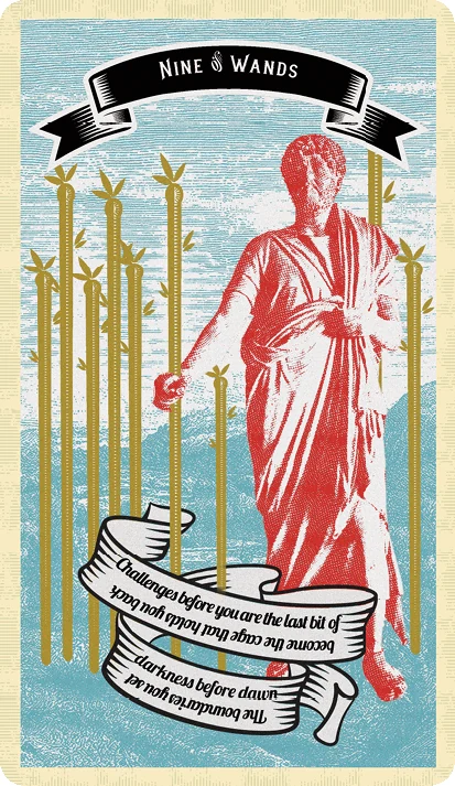 Nine of Wands card from Madam Clara Sees All Tarot by Rick Pomer