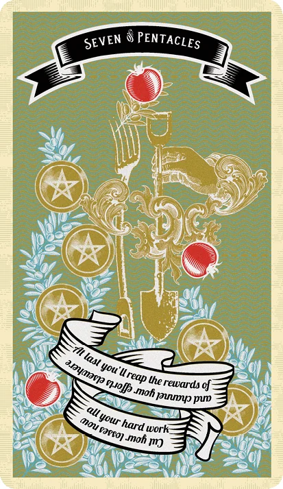 Seven of Pentacles card from Madam Clara Sees All Tarot by Rick Pomer