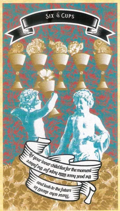 Six of Cups card from Madam Clara Sees All Tarot by Rick Pomer