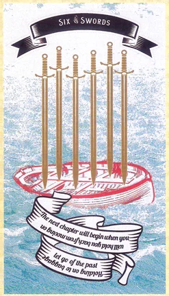 Six of Swords card from Madam Clara Sees All Tarot by Rick Pomer