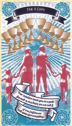Ten of Cups card from Madam Clara Sees All Tarot by Rick Pomer
