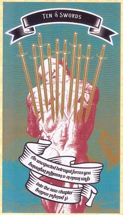 Ten of Swords card from Madam Clara Sees All Tarot by Rick Pomer