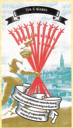 Ten of Wands card from Madam Clara Sees All Tarot by Rick Pomer