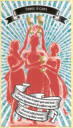 Three of Cups card from Madam Clara Sees All Tarot by Rick Pomer