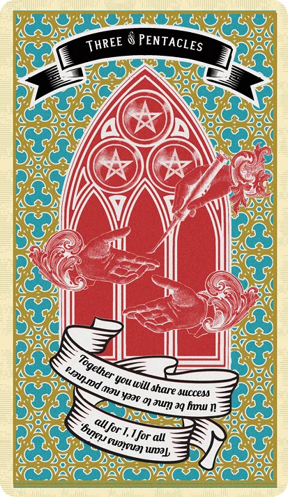 Three of Pentacles card from Madam Clara Sees All Tarot by Rick Pomer