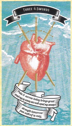 Three of Swords card from Madam Clara Sees All Tarot by Rick Pomer