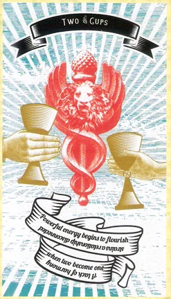 Two of Cups card from Madam Clara Sees All Tarot by Rick Pomer