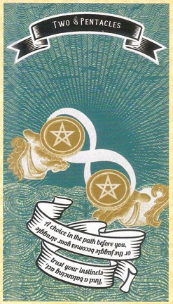 Two of Pentacles card from Madam Clara Sees All Tarot by Rick Pomer