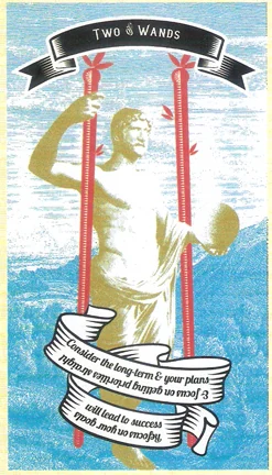 Two of Wands card from Madam Clara Sees All Tarot by Rick Pomer