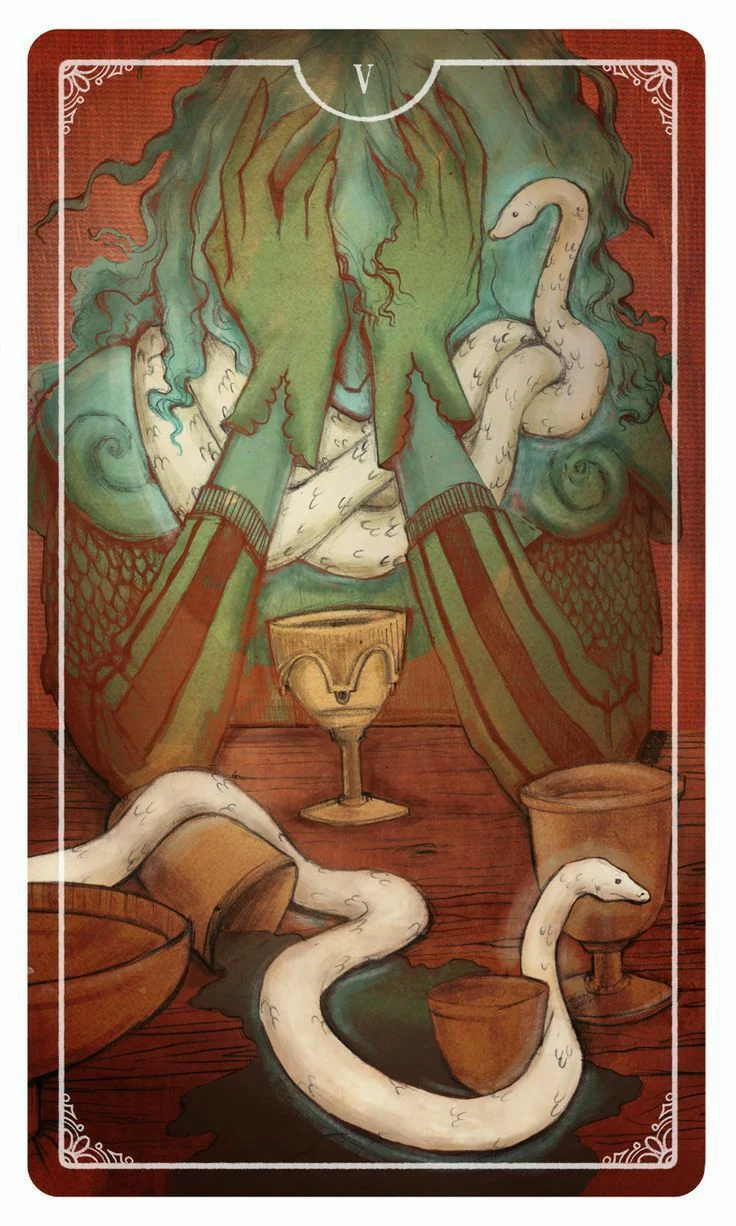 Five of Cups - Ostara Tarot - Molly Applejohn, Eden Cooke, Krista Gibbard, and Julia Iredale