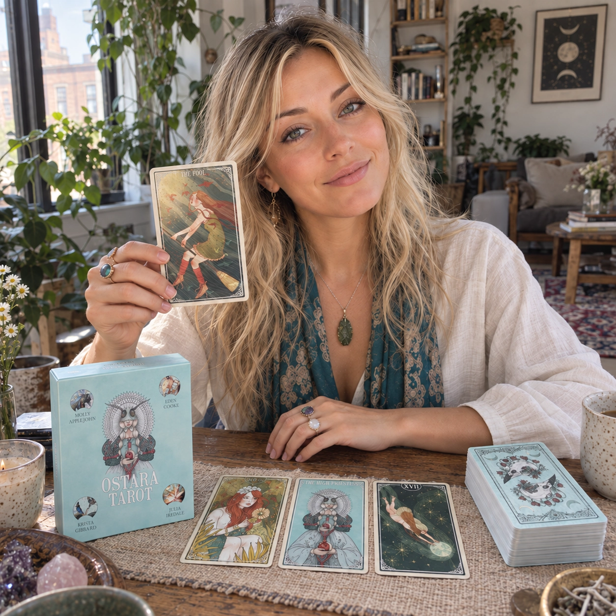Aurica holding The Fool from Ostara Tarot beside The Empress, The High Priestess, The Star, the deck stack, and the exact pale aqua box