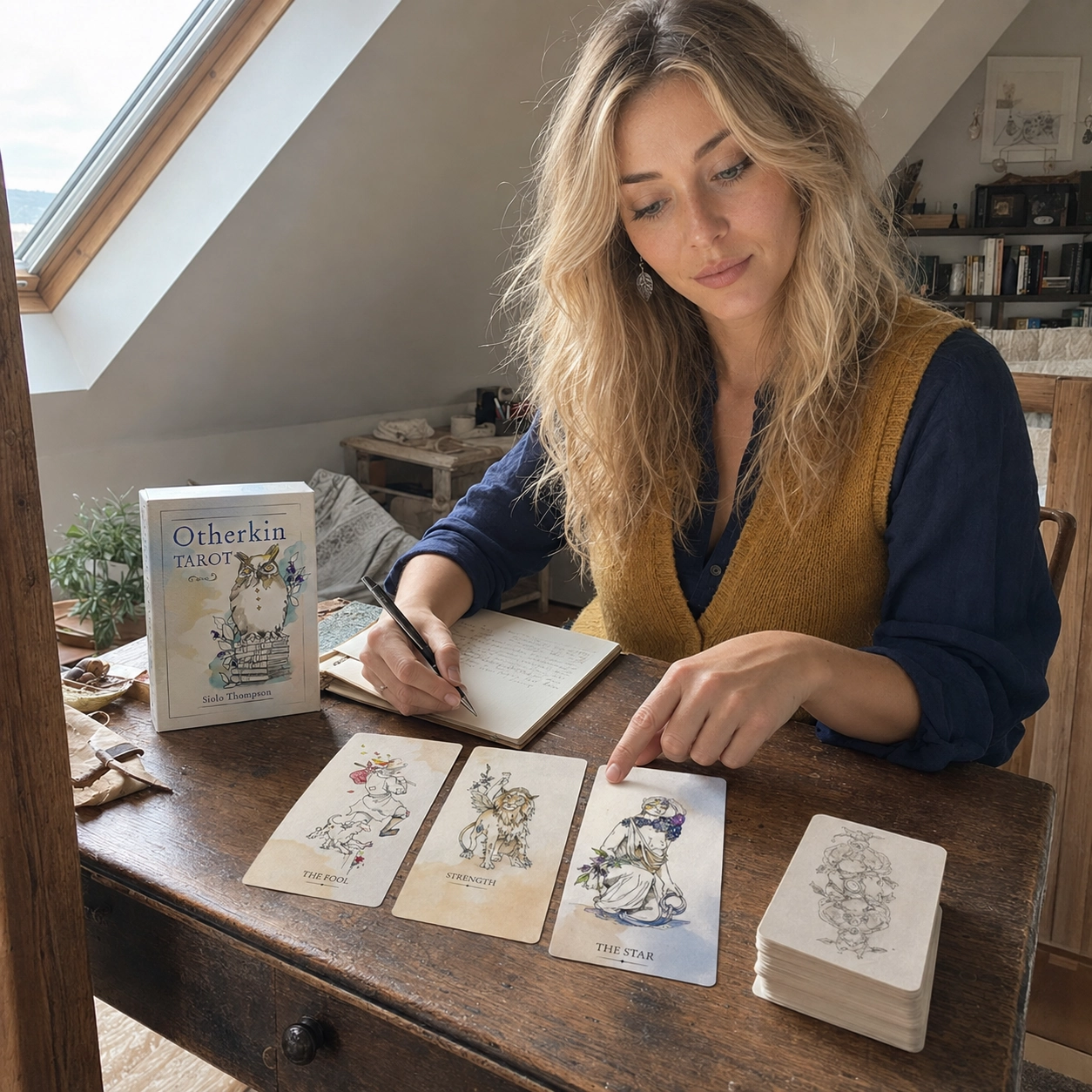 Aurica journaling with Otherkin Tarot beside the deck box, a three-card spread, and stacked deck