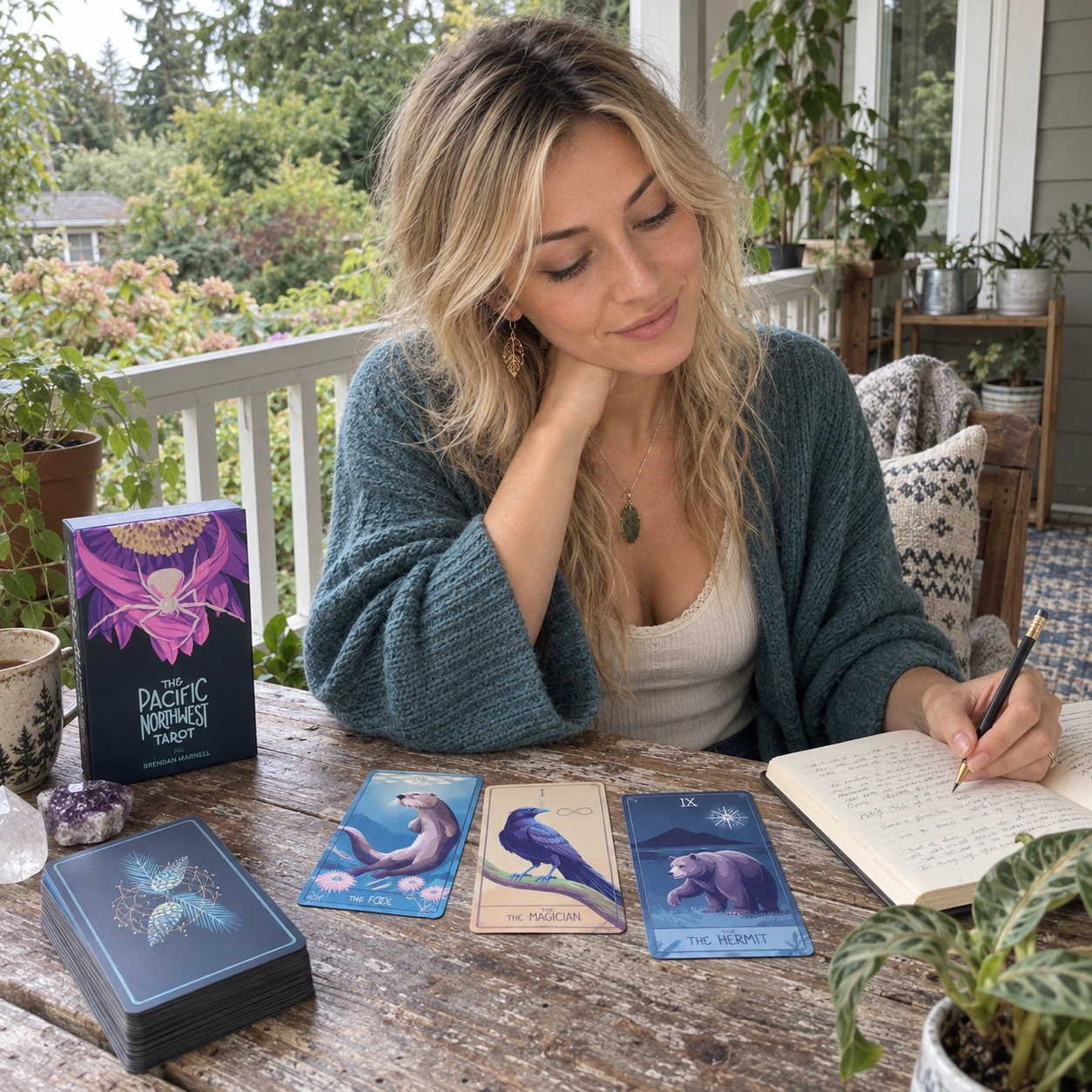 Aurica journaling beside Pacific Northwest Tarot’s Fool, Magician, and Hermit, with the deck box and separate stacked deck
