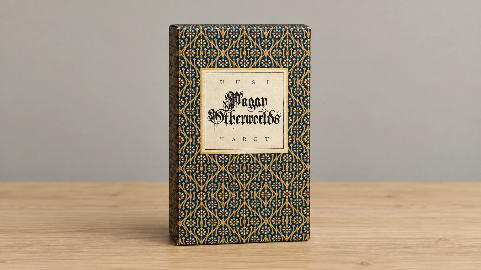 Generated product scene showing one Pagan Otherworlds Tarot tuck box on a wooden tabletop