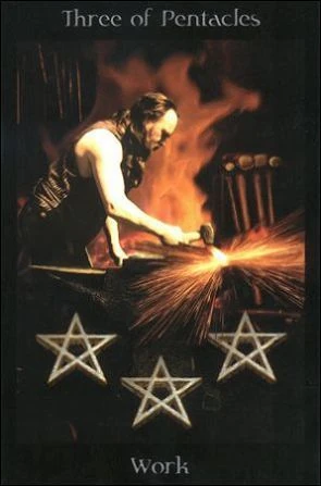 Three of Pentacles card from the Pagan Ways Tarot deck