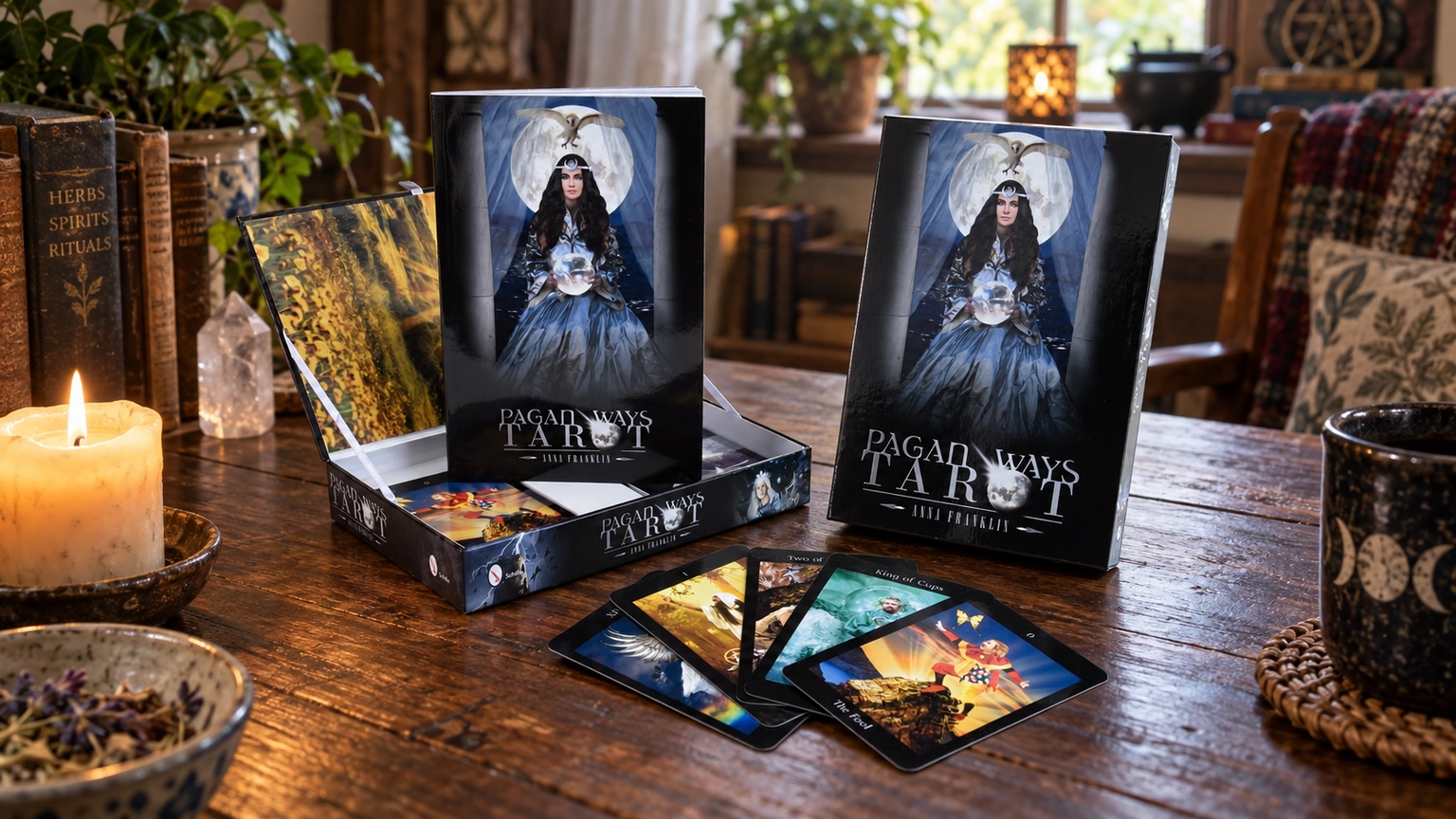 Pagan Ways Tarot boxed set by Anna Franklin photographed in a warm cottage reading room