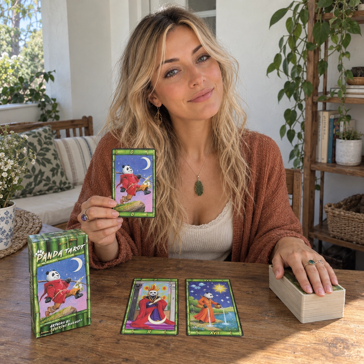 Generated illustrative scene of Aurica presenting The Fool from Panda Tarot beside the supplied box, two face-up cards and a separate stacked deck