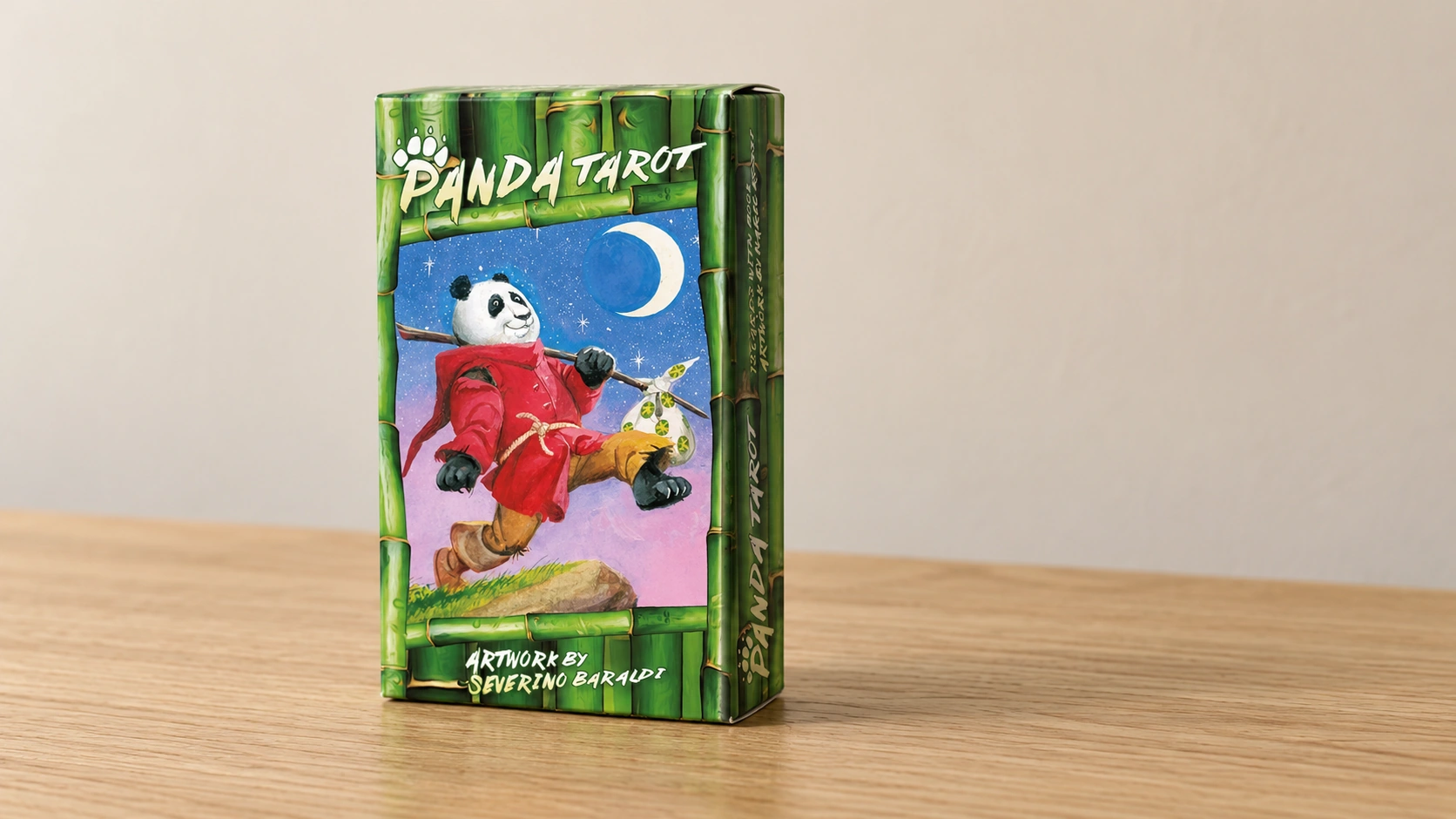 Generated illustrative scene of the Panda Tarot box by Severino Baraldi on a simple wooden table, based on the supplied product reference