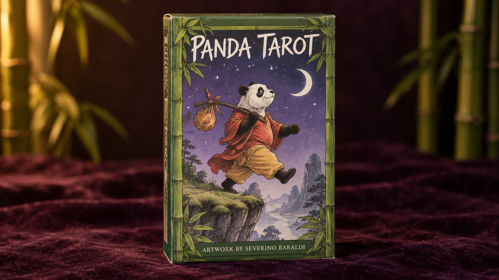 Generated product scene of the Panda Tarot deck box by Severino Baraldi on dark plum velvet