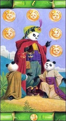Six of Pentacles card from the Panda Tarot deck