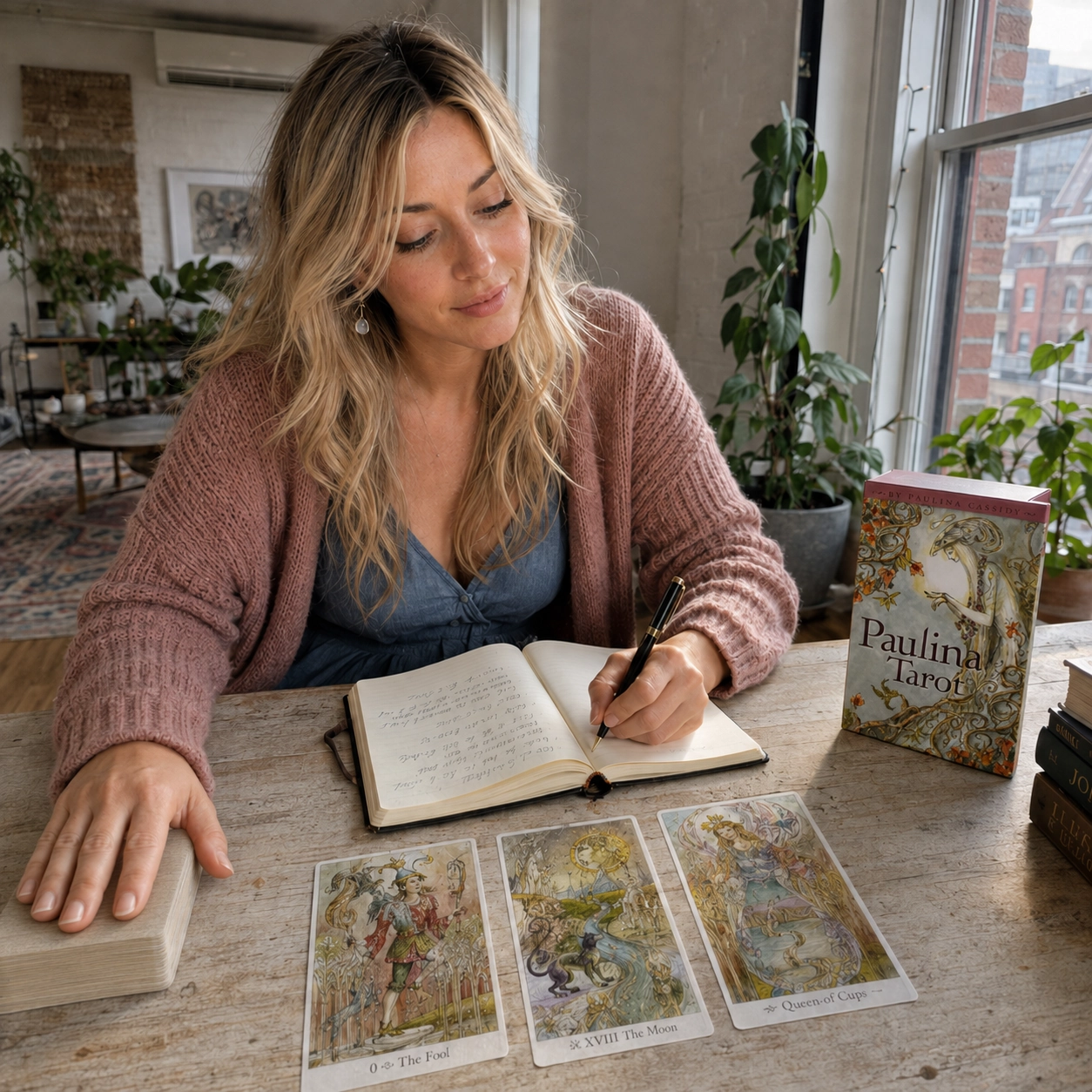 Aurica journaling with Paulina Tarot beside its box, a face-up spread, and the stacked deck