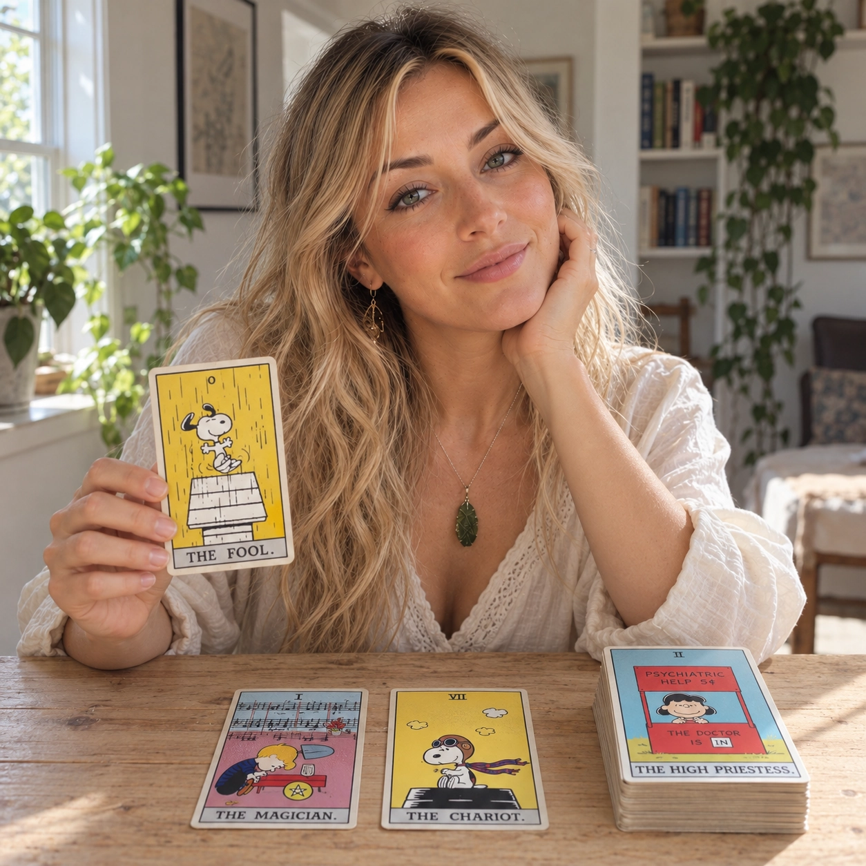 Generated illustrative scene of Aurica presenting The Fool from the Peanuts Tarot archive beside two face-up cards and a separate stacked deck, without a box