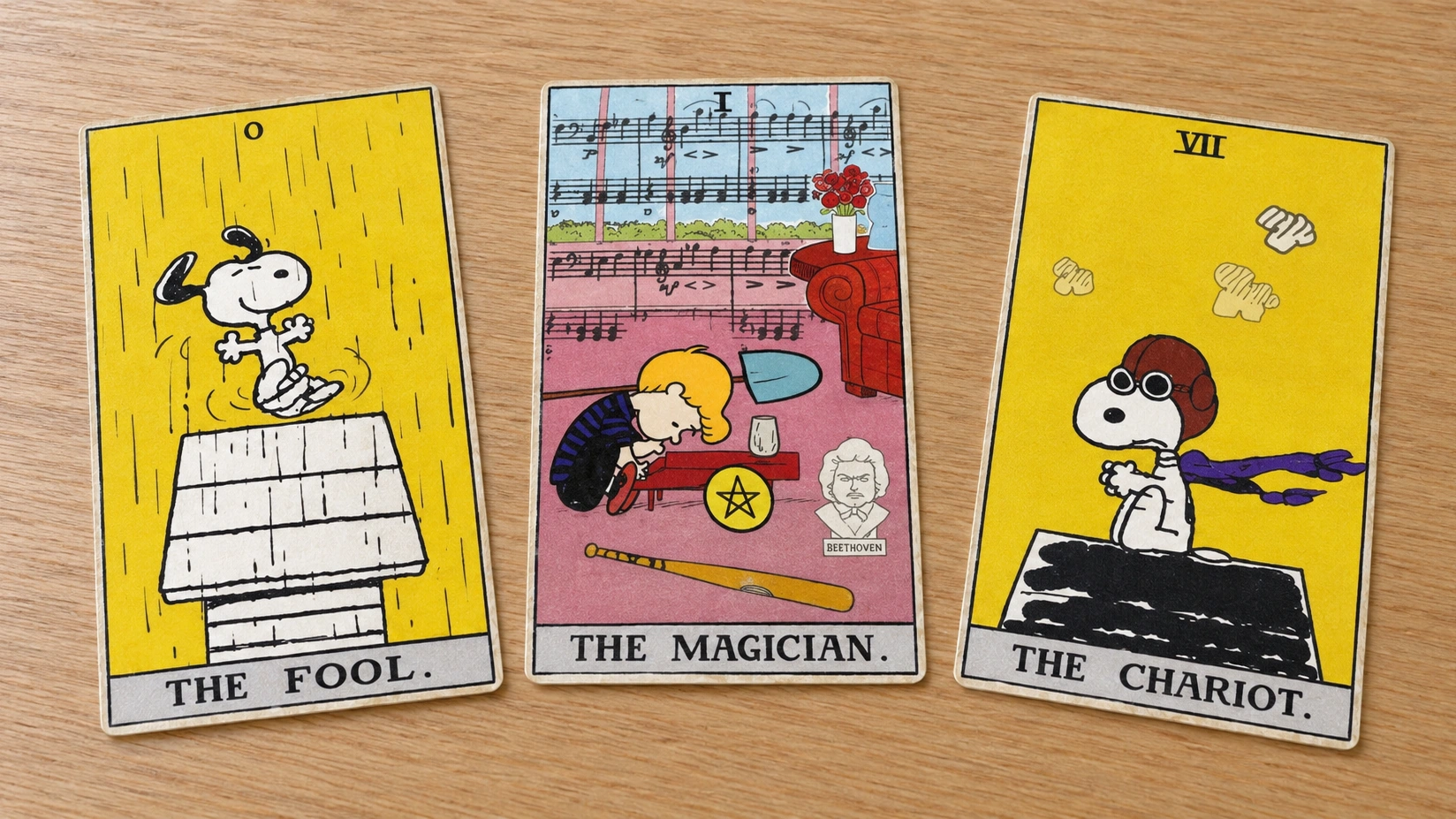 Generated illustrative scene of three verified Peanuts archival card designs spread on a simple wooden table; not a retail product photograph