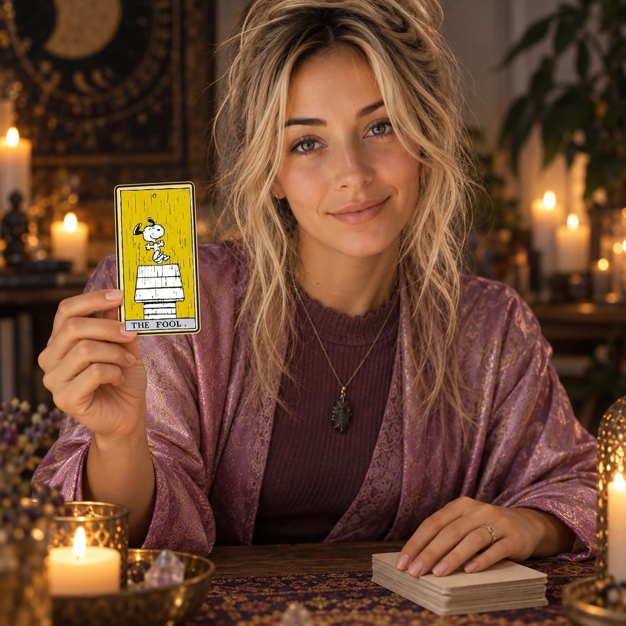 Aurica holding The Fool card from the verified Peanuts Tarot archive in a reading room.