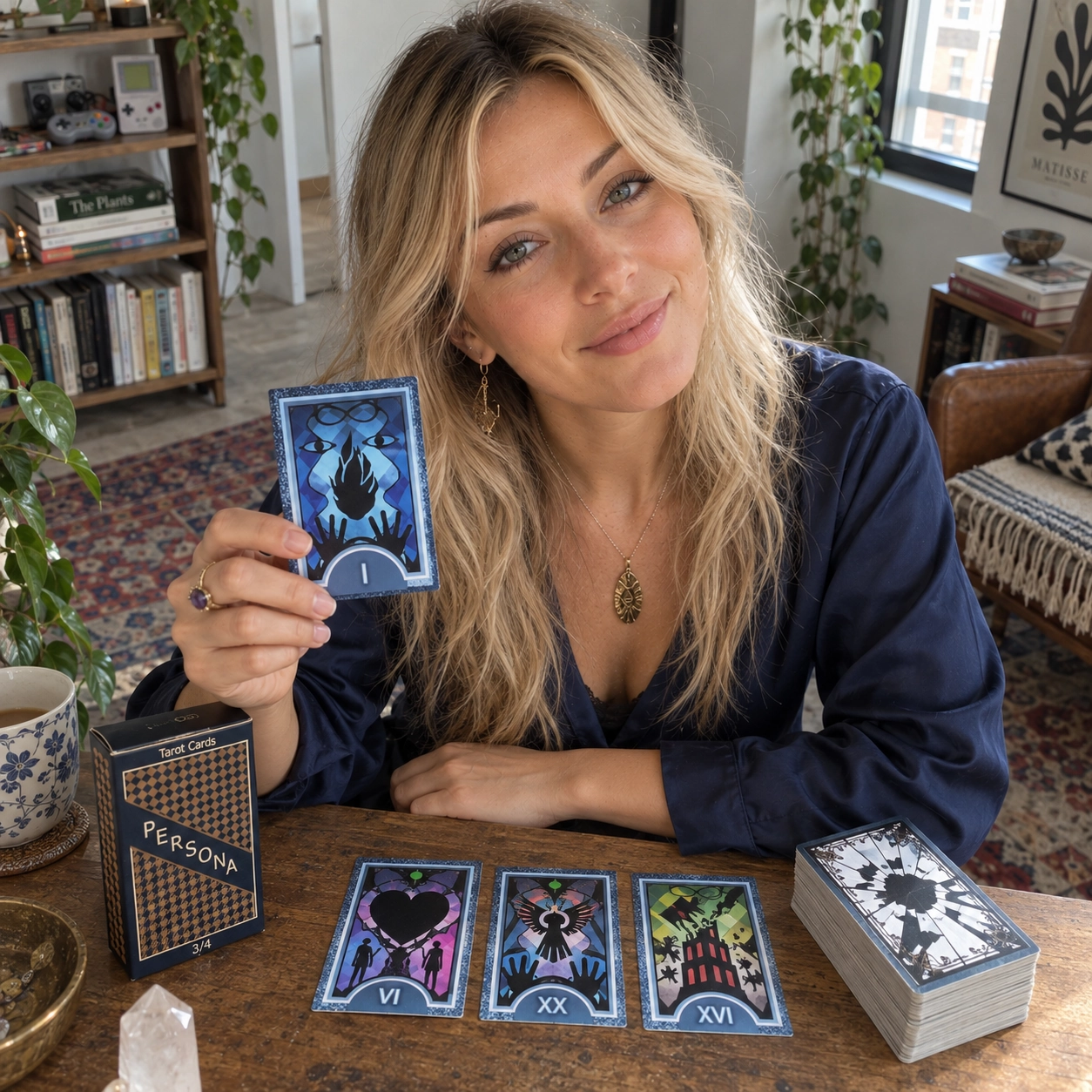 Persona Tarot Review (All 78 Persona Tarot Cards REVEALED!) 82 Aurica holding The Magician while reading with the Persona 3/4 Tarot Cards, with the deck box, three-card spread, and stacked deck visible
