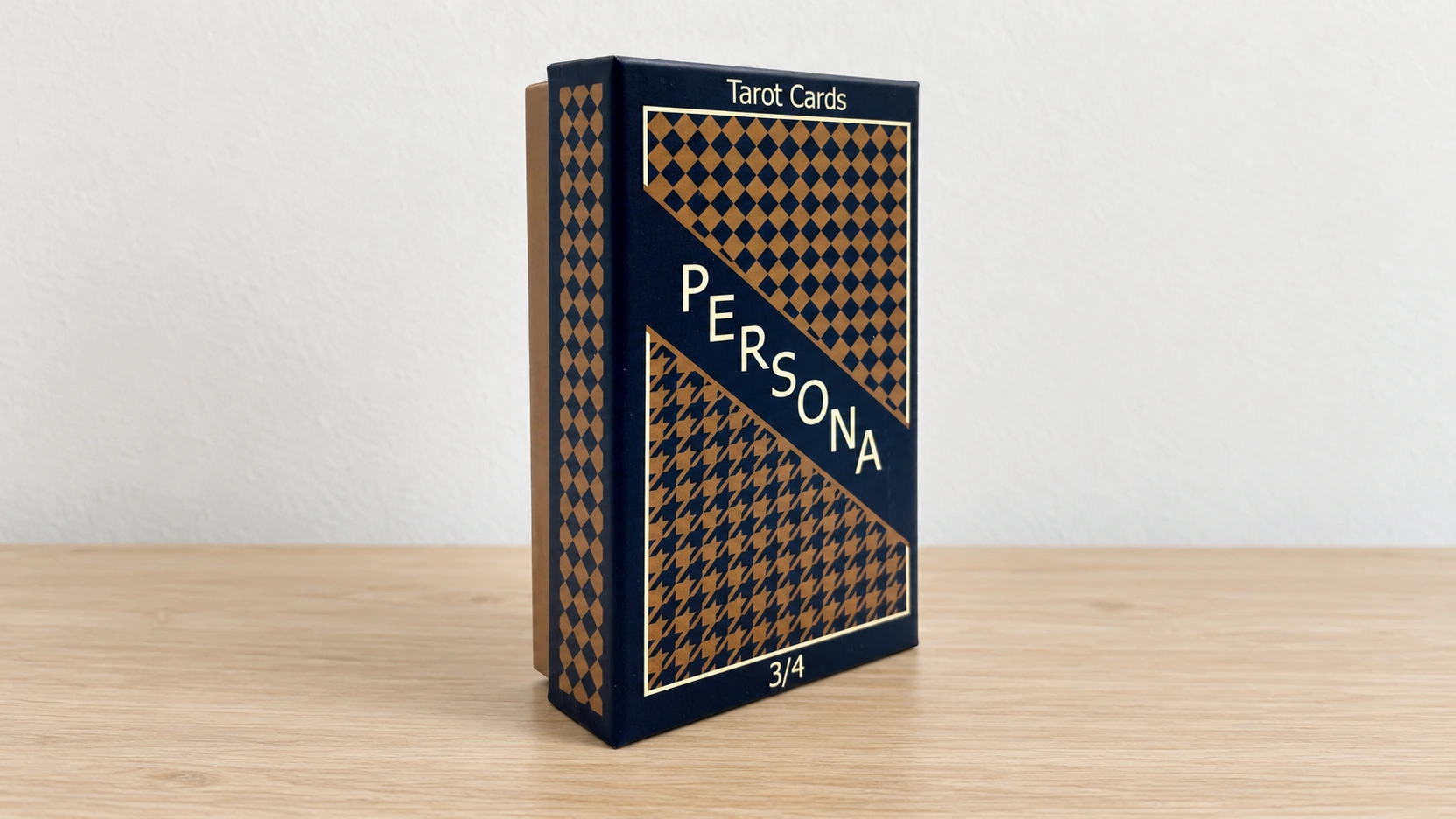 Persona Tarot Review (All 78 Persona Tarot Cards REVEALED!) 98 AI-generated product scene of the verified Persona 3/4 Tarot box alone on a simple wooden table against a blank wall