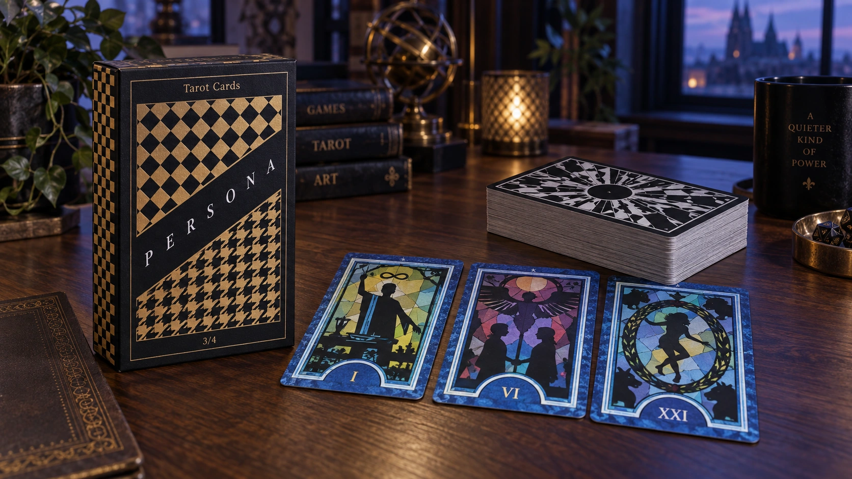 Generated lifestyle photograph of the Persona 3/4 Tarot box, three face-up stained-glass-style cards, and the stacked deck