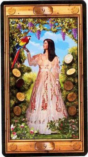 9 of Pentacles card from the Pictorial Key Tarot deck