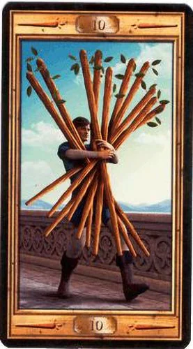 10 of Wands card from the Pictorial Key Tarot deck