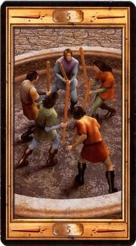 5 of Wands card from the Pictorial Key Tarot deck