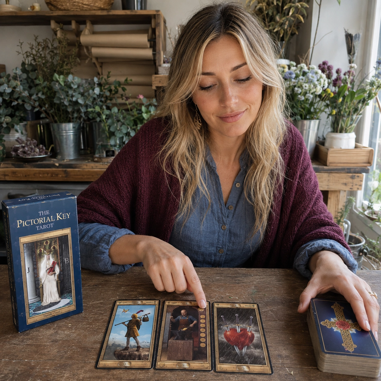 Aurica reading Pictorial Key Tarot beside its blue box, face-up spread, and stacked deck