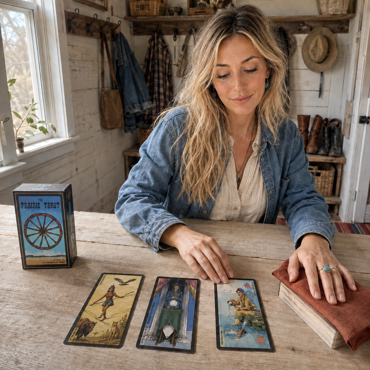 Aurica arranging the Prairie Tarot box, a three-card spread, and stacked deck