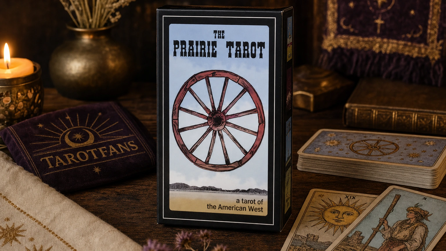 Prairie Tarot product box on a western folk magic tarot table