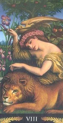 Strength card from the Pre-Raphaelite Tarot deck