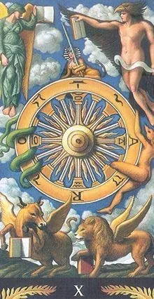 Wheel of Fortune card from the Pre-Raphaelite Tarot deck