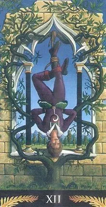 The Hanged Man card from the Pre-Raphaelite Tarot deck