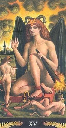 The Devil card from the Pre-Raphaelite Tarot deck