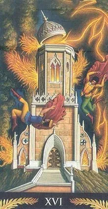 The Tower card from the Pre-Raphaelite Tarot deck