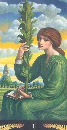 Ace of Wands card from the Pre-Raphaelite Tarot deck