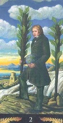 2 of Wands card from the Pre-Raphaelite Tarot deck