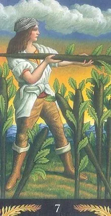 7 of Wands card from the Pre-Raphaelite Tarot deck
