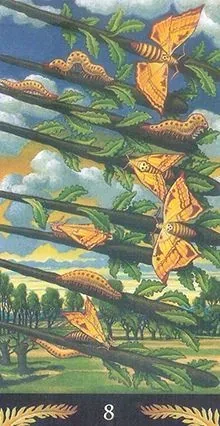 8 of Wands card from the Pre-Raphaelite Tarot deck