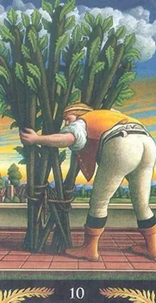 10 of Wands card from the Pre-Raphaelite Tarot deck