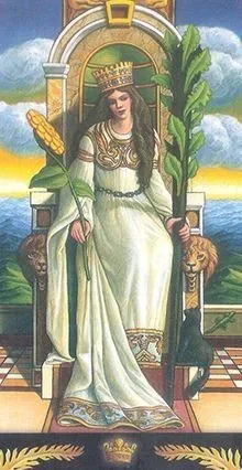 Queen of Wands card from the Pre-Raphaelite Tarot deck